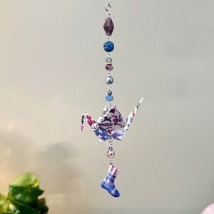 Origami Ornament #2339 - Medium Crane with Cloissoné Stocking